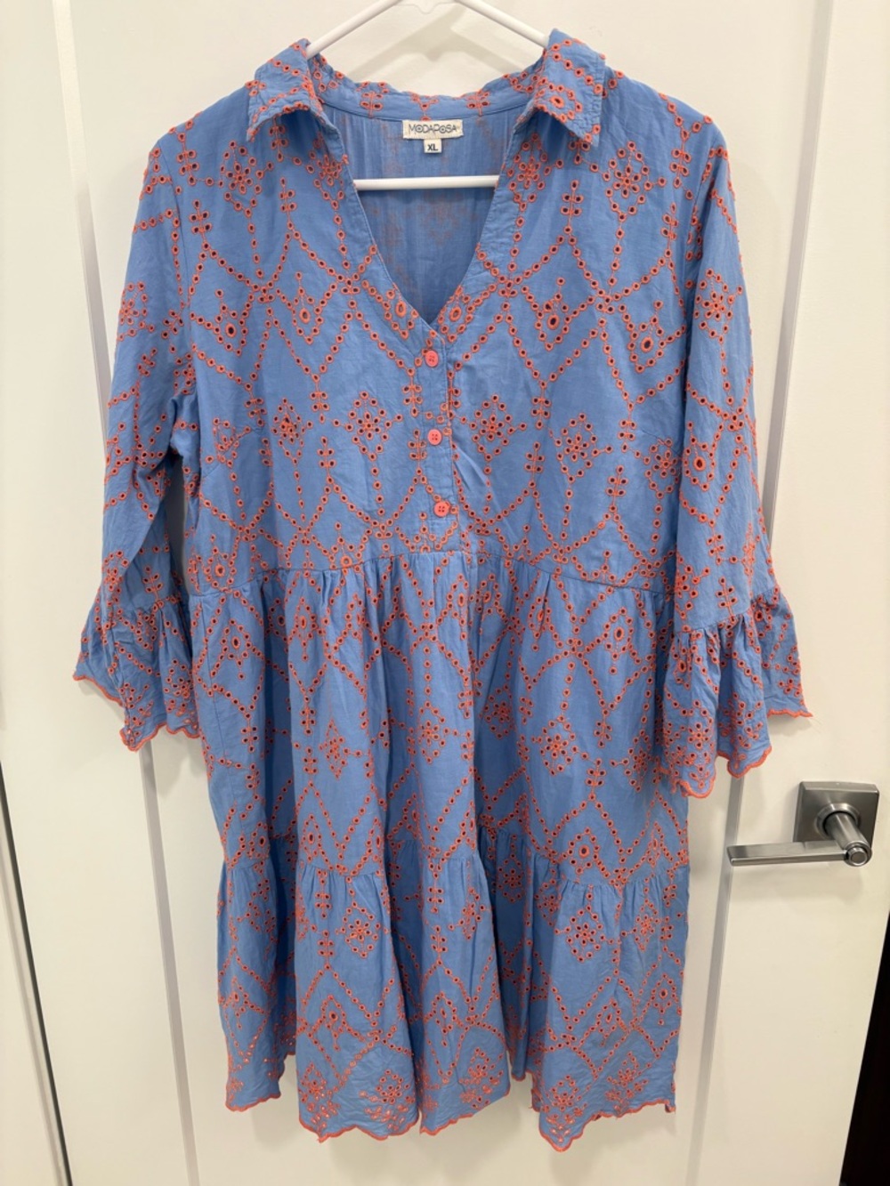Modaposa Pink Purple Eyelet Tiered Cotton Peasant Tunic Dress Size XL - Picture 1 of 13